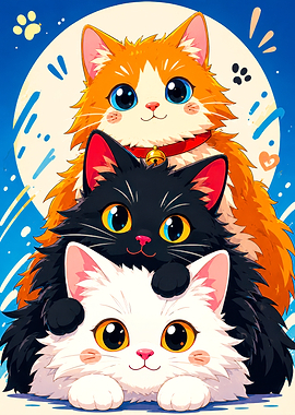 Three Stacked Fluffy Kittens Illustration