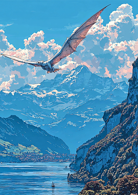 Fantasy White Dragon Flying Over Alpine Lake Anime Style Japan Landscape Nature