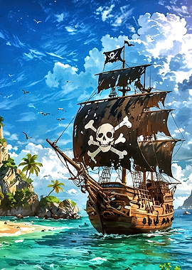 Pirate Ship Sailing Near Tropical Island