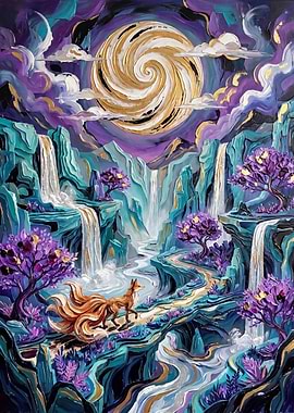 Nine-Tailed Fox in Enchanted Landscape