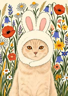 Cat Wearing Bunny Ears in Garden