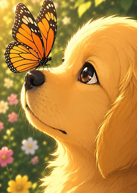 Golden Puppy with Monarch Butterfly