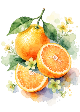 Watercolor Orange Fruit and Blossom Illustration