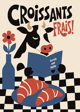 Cute Cow Reading with Croissants Poster