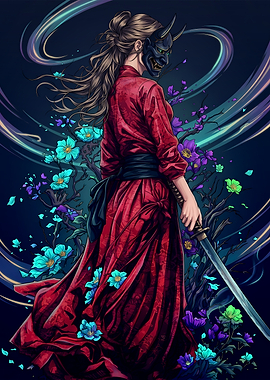 Woman in Red Kimono with Katana