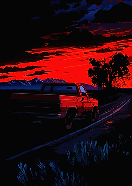 Red Pickup Truck at Sunset