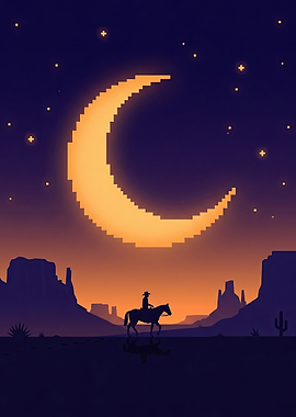 Pixel Art Cowboy Under Crescent Moon