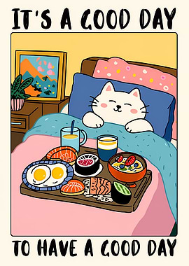 Cute Cat Having Breakfast in Bed
