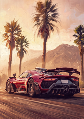 Red Supercar Driving Past Palm Trees