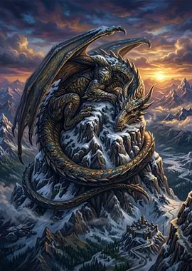 Dragon Resting on Snowy Mountain Peak