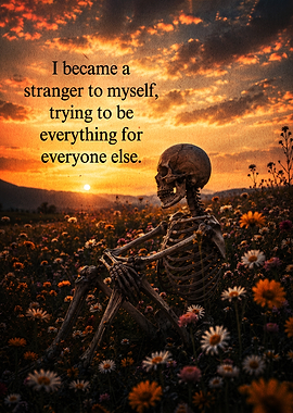 Skeleton Sitting in Field at Sunset