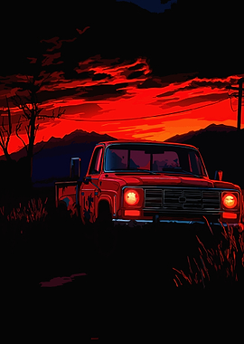 Vintage Red Truck at Sunset