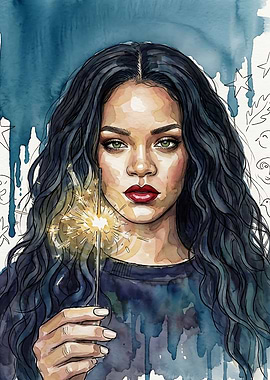 Watercolor Portrait of Rihanna with Sparkler