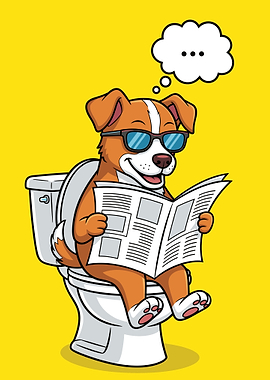 Cool Dog Reading Newspaper on Toilet