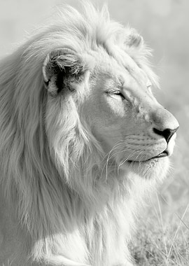 Peaceful White Lion Portrait in Timeless Monochrome