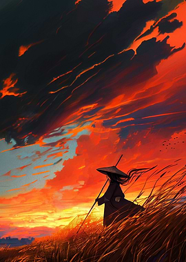Samurai Silhouette in Fiery Sunset
