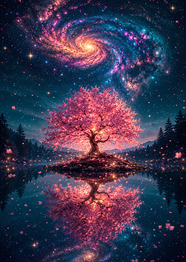Glowing Cherry Blossom Tree Under Galaxy