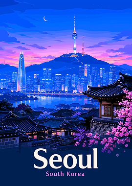 Seoul South Korea Night Cityscape Poster