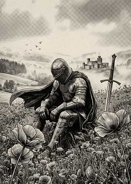 Weary Knight Resting in Poppy Field