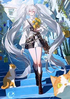Girl with Cats on Stairs