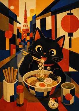 Black Cat Eating Ramen in Tokyo