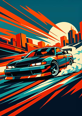 Retro Drift Car City Sunset