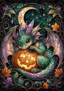 Stained Glass Dragon with Halloween Pumpkin