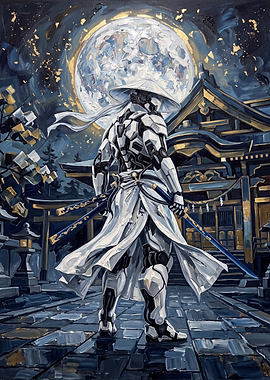 Cybernetic Samurai Under Full Moon