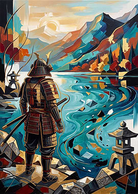 Samurai Standing by a Mountain Lake