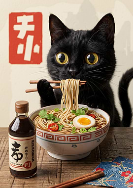 Black Cat Eating Ramen Noodles