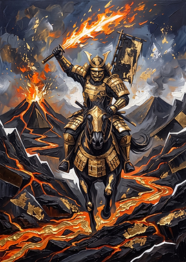 Samurai Warrior Riding Through Volcanic Landscape