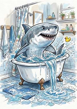 Shark Taking a Bath Illustration