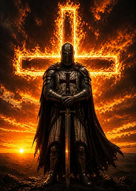 Templar Knight Before Flaming Cross