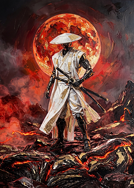 Cybernetic Samurai on Volcanic Landscape