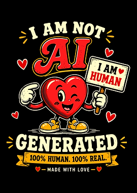 I Am Not AI Generated Funny Human Made Heart Cartoon Retro Poster Wall Art
