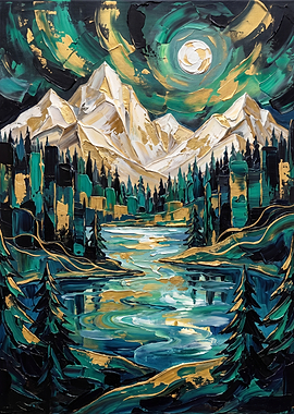 Abstract Gold and Teal Mountain Landscape