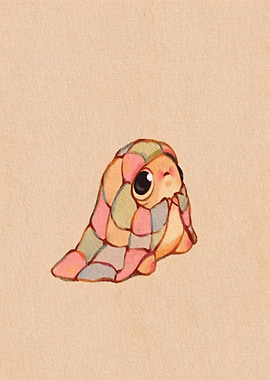Cute creature wrapped in patchwork blanket