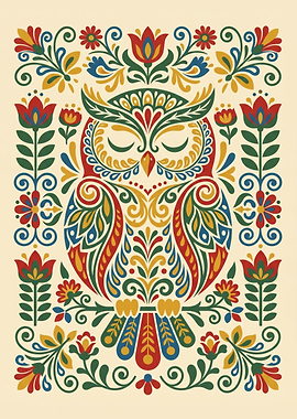 Traditional Nordic Kurbits Folk Art Owl Illustration