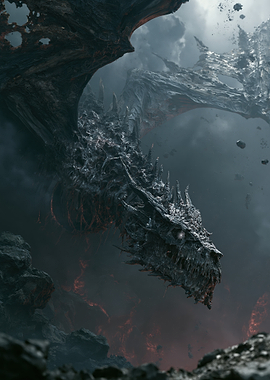 Dark Obsidian Dragon in Volcanic Landscape