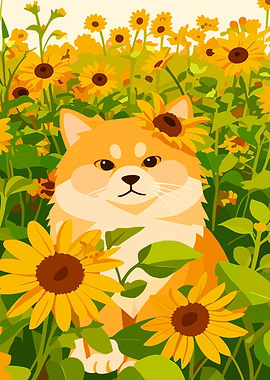 Shiba Inu in Sunflower Field