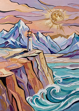 Textured Oil Painting of Coastal Lighthouse