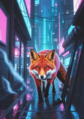 Cyberpunk Fox in Neon City Alley