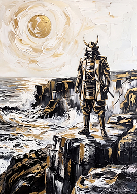 Golden Samurai Standing on Coastal Cliffs