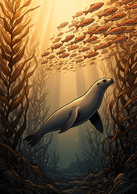 Seal Swimming in Kelp Forest