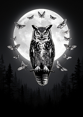 Owl and Moths Under Full Moon