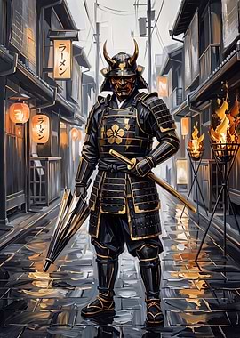 Samurai Warrior in Traditional Japanese Alley