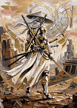 Futuristic Samurai Warrior in Ruins
