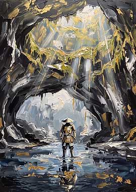Samurai Standing in a Sunlit Cave