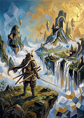 Samurai Standing Before Floating Fantasy Realm