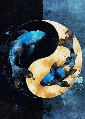 Yin Yang Koi Fish Watercolor Art